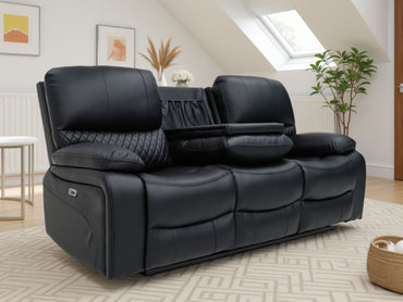 Black Leather 3 Seater Electric Recliner Sofa with Console