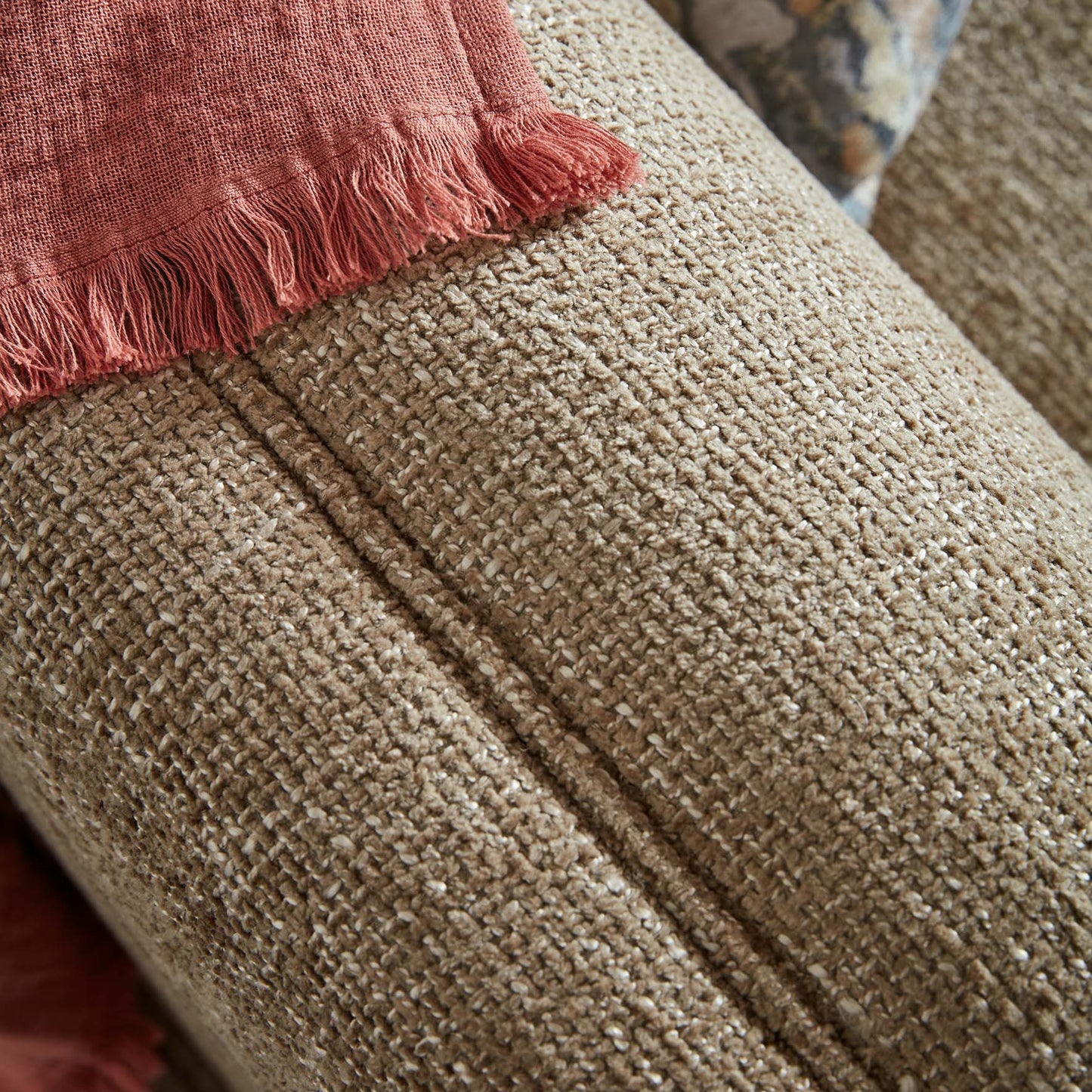Turin Range Sofas In Venice Barley Brown Fabric With Cushions
