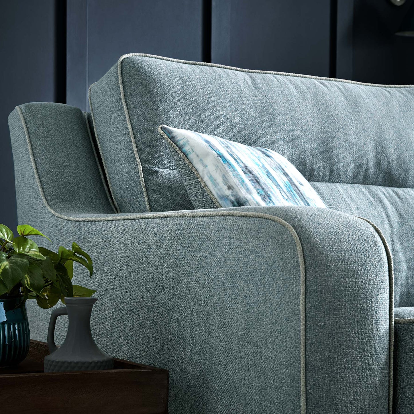 Milan Modern Elegance Sofas Garda Petrol Blue Fabric With Cushions
