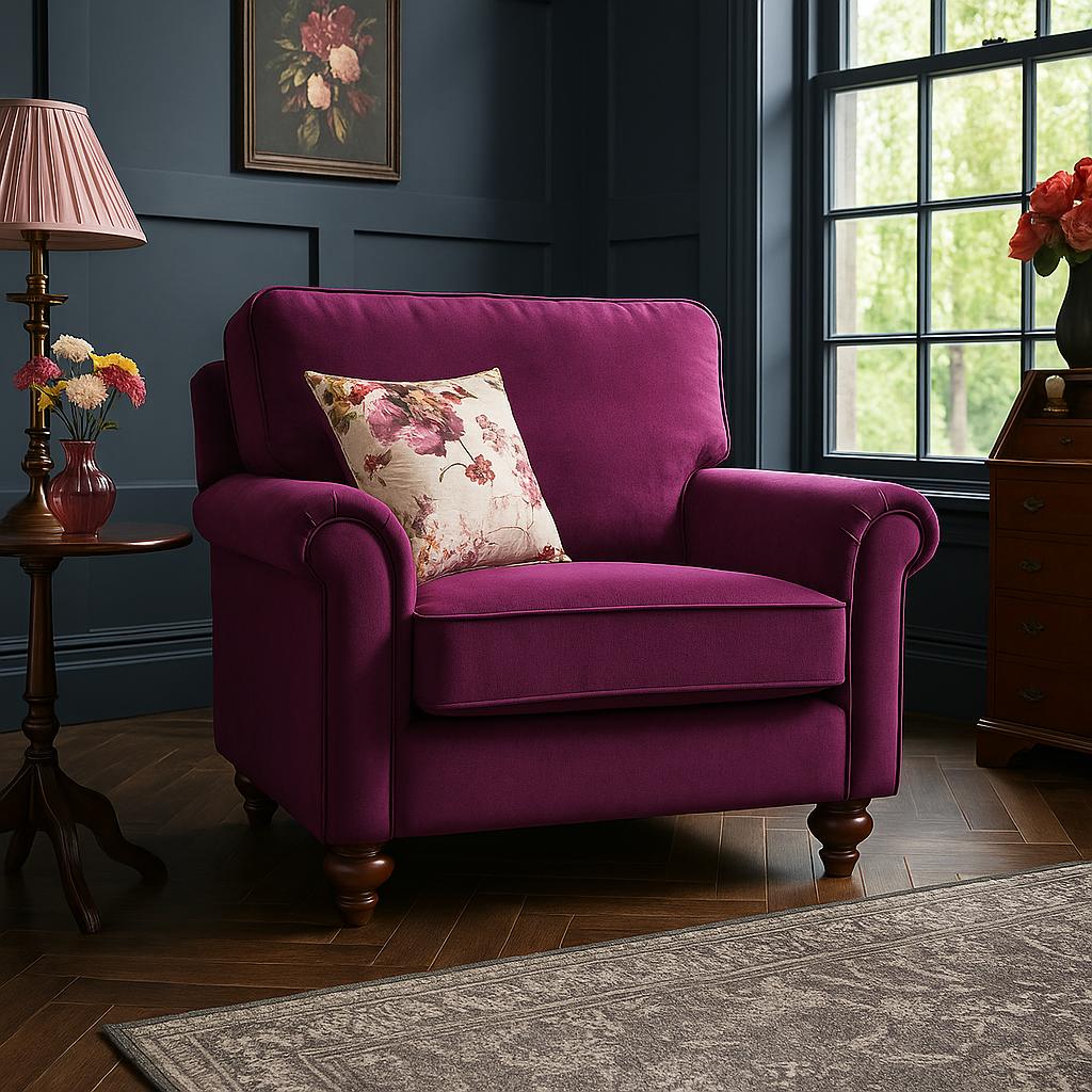 Alicante Armchair Monaco Amethyst Purple Fabric With Wooden Legs