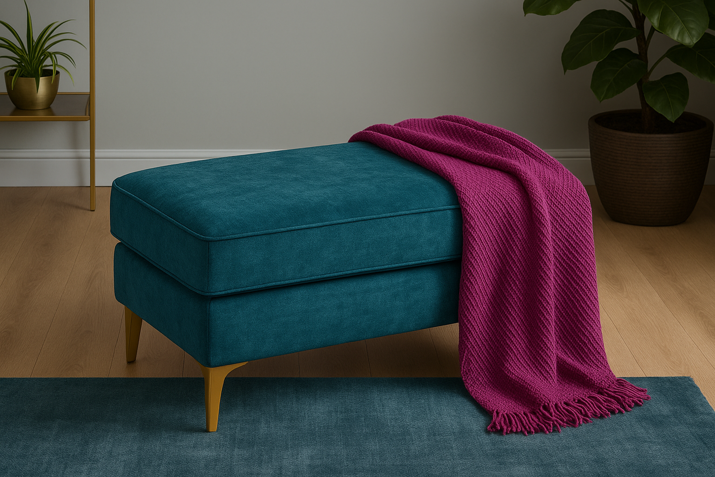 Verona Luxury Footstool In Milano Teal Blue Fabric With Steel Legs