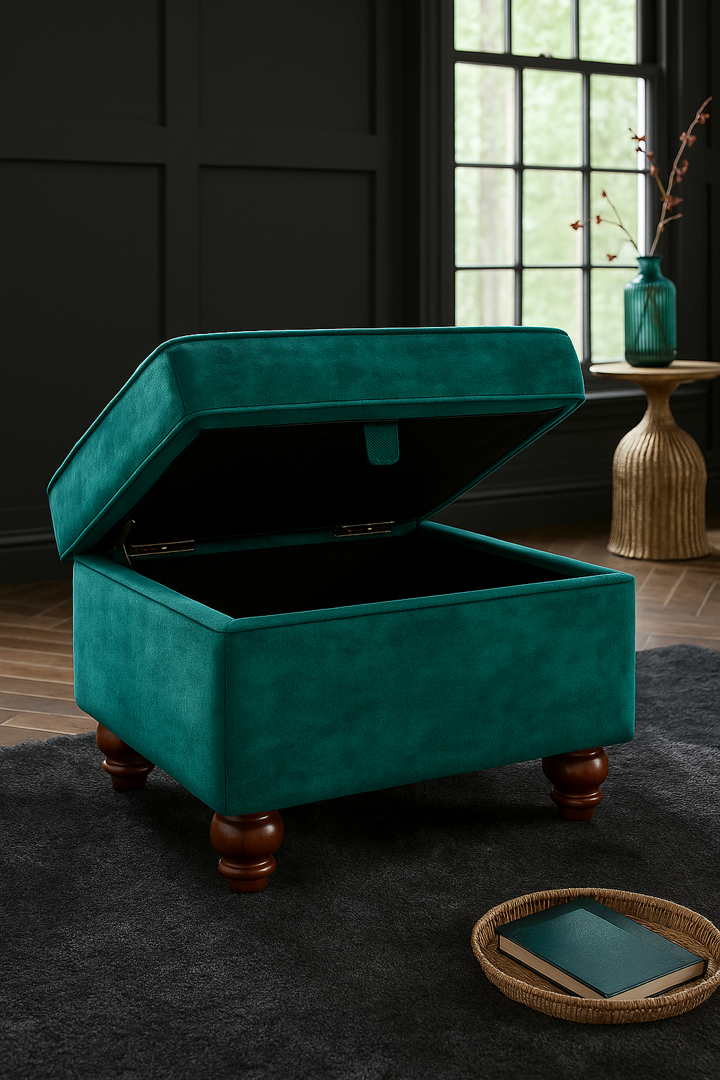 Genoa Handmade Storage Box In Milano Emerald Green Fabric With Turned Wooden Legs