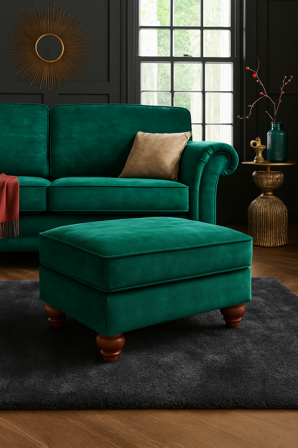Genoa Handmade Footstool In Milano Emerald Green Fabric With Turned Wooden Legs