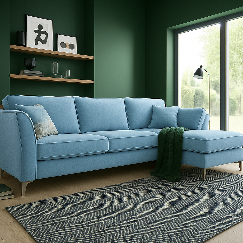 Rome Chaise L Shape Corner Sofa For Elderly In Aston Mustard Yellow Fabric With Metal Angled Feet