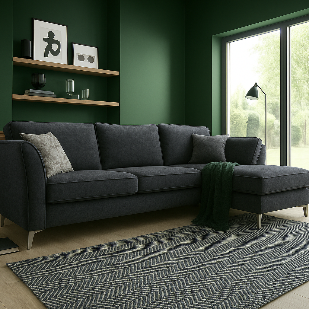 Rome Chaise L Shape Corner Sofa For Elderly In Aston Mustard Yellow Fabric With Metal Angled Feet