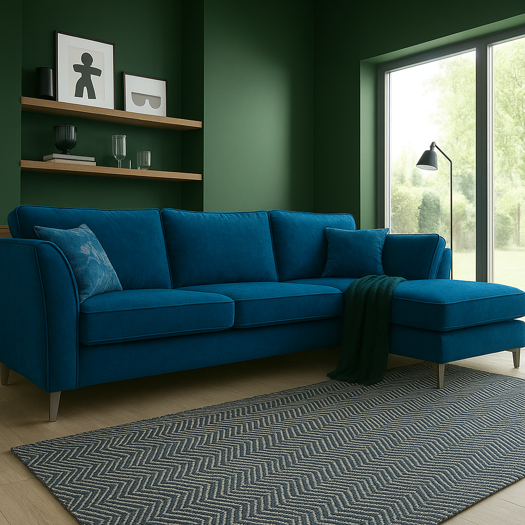Rome Chaise L Shape Corner Sofa For Elderly In Aston Mustard Yellow Fabric With Metal Angled Feet