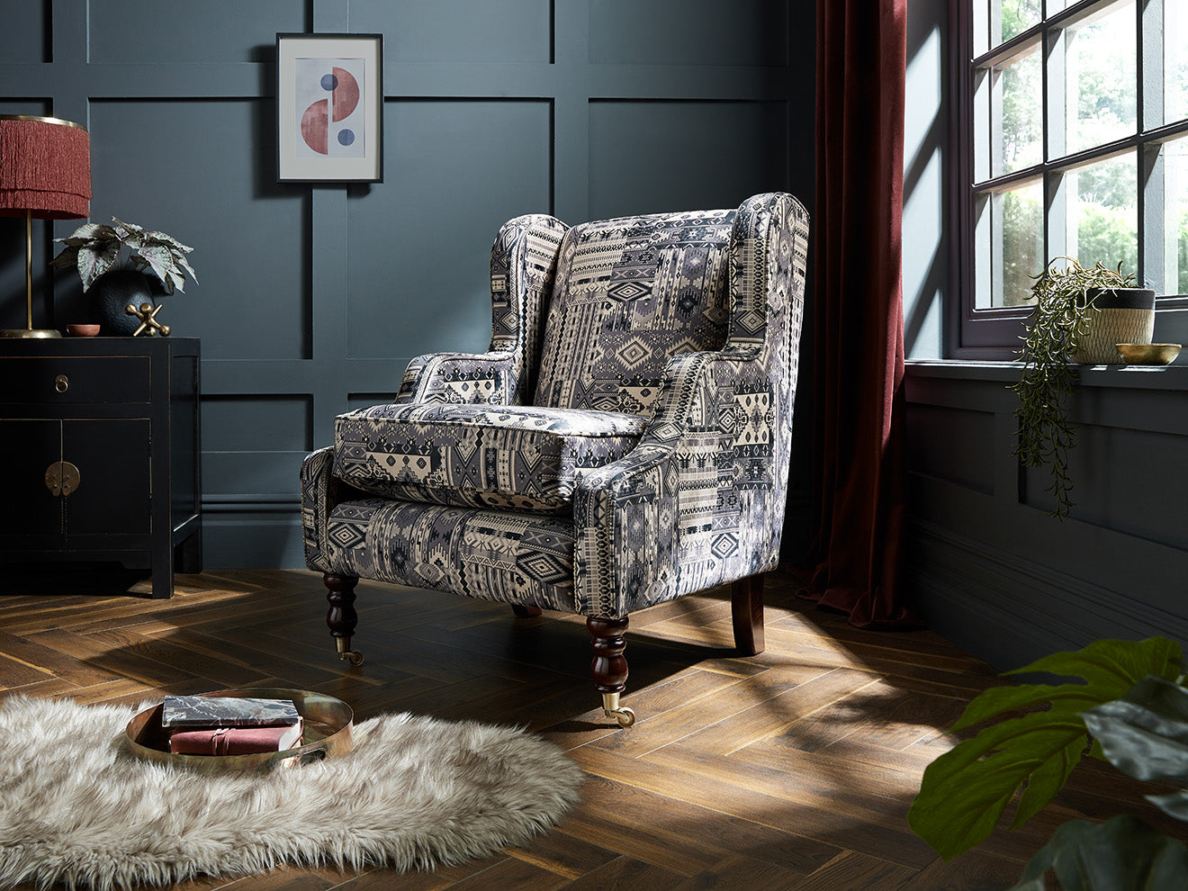 Chelsea Patterned Fabric Accent Chair with High Swivel Legs