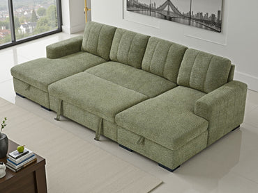 Green Fabric Large U Shape Corner Chaise Sofa Bed