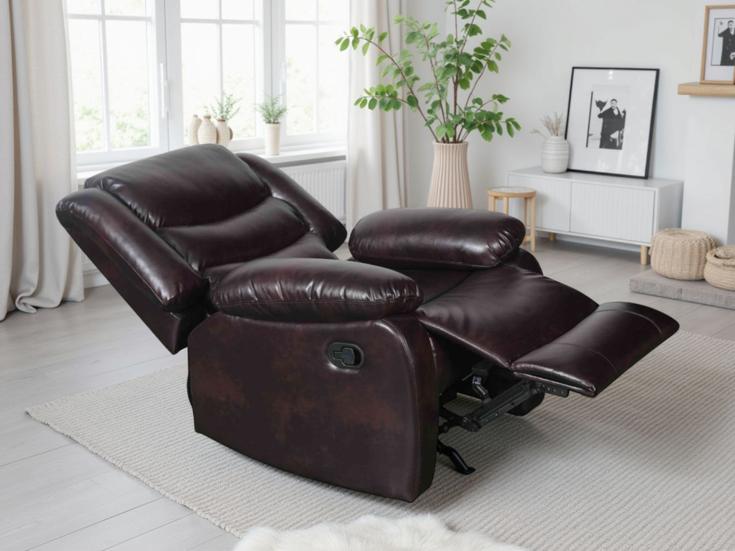 Brown Leather Effect Manual Recliner Armchair Padded Arms