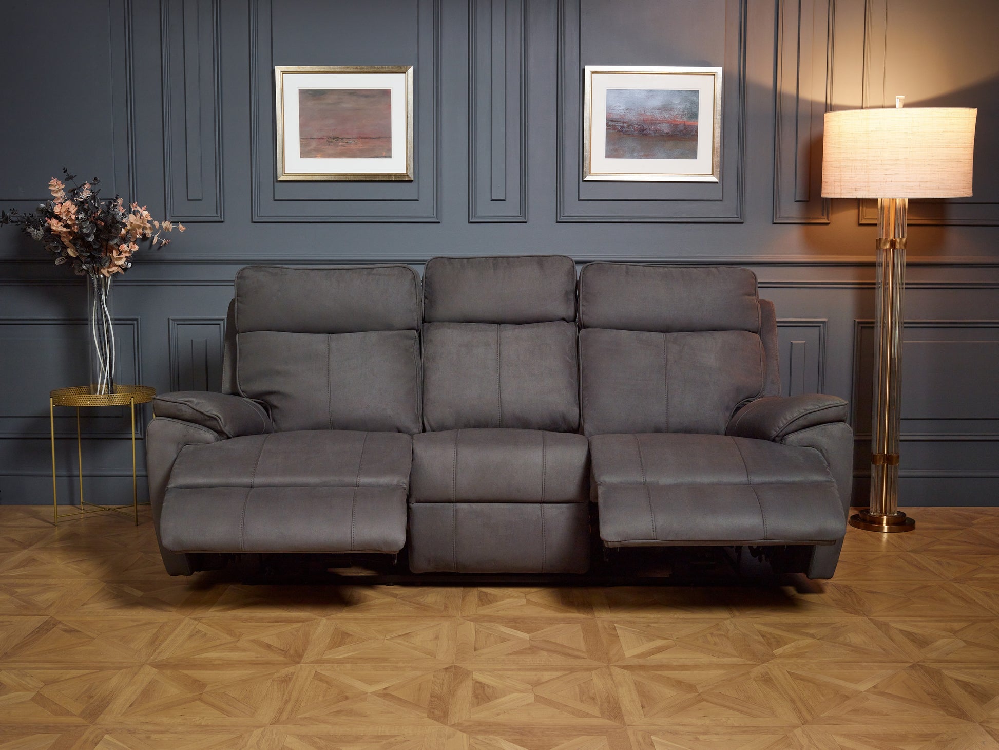 Continental 3+2 Seater Electric Reclining Grey Fabric Suede Sofas
