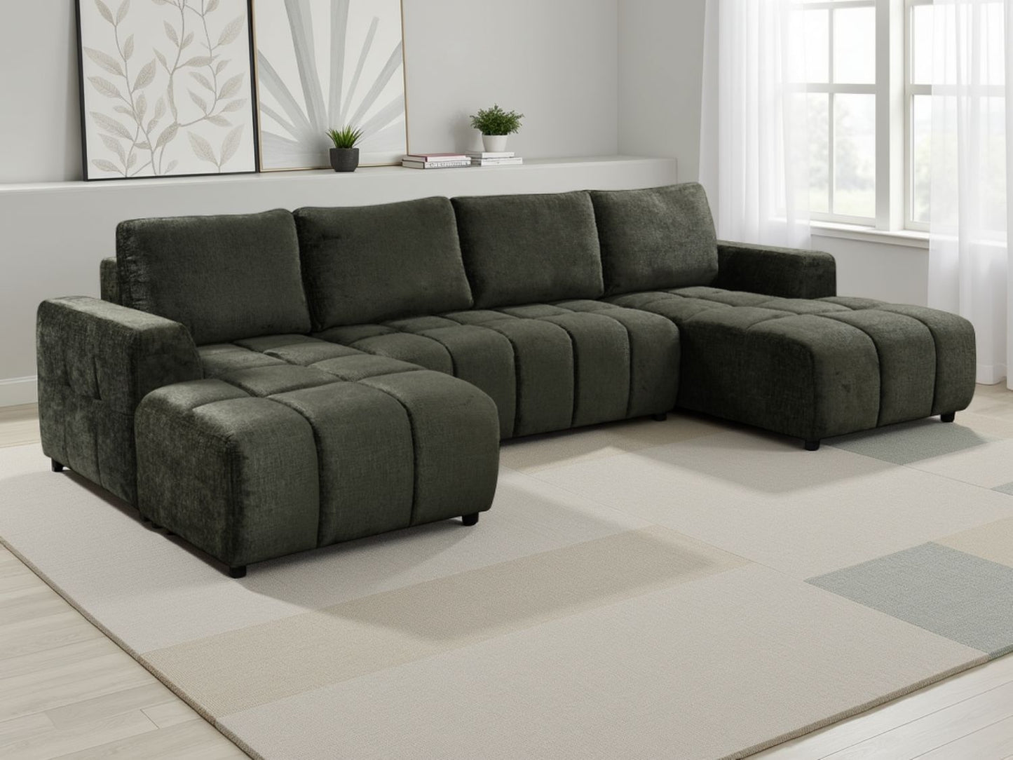 Green Fabric Large U Shape Sofabed with Underseat Storage