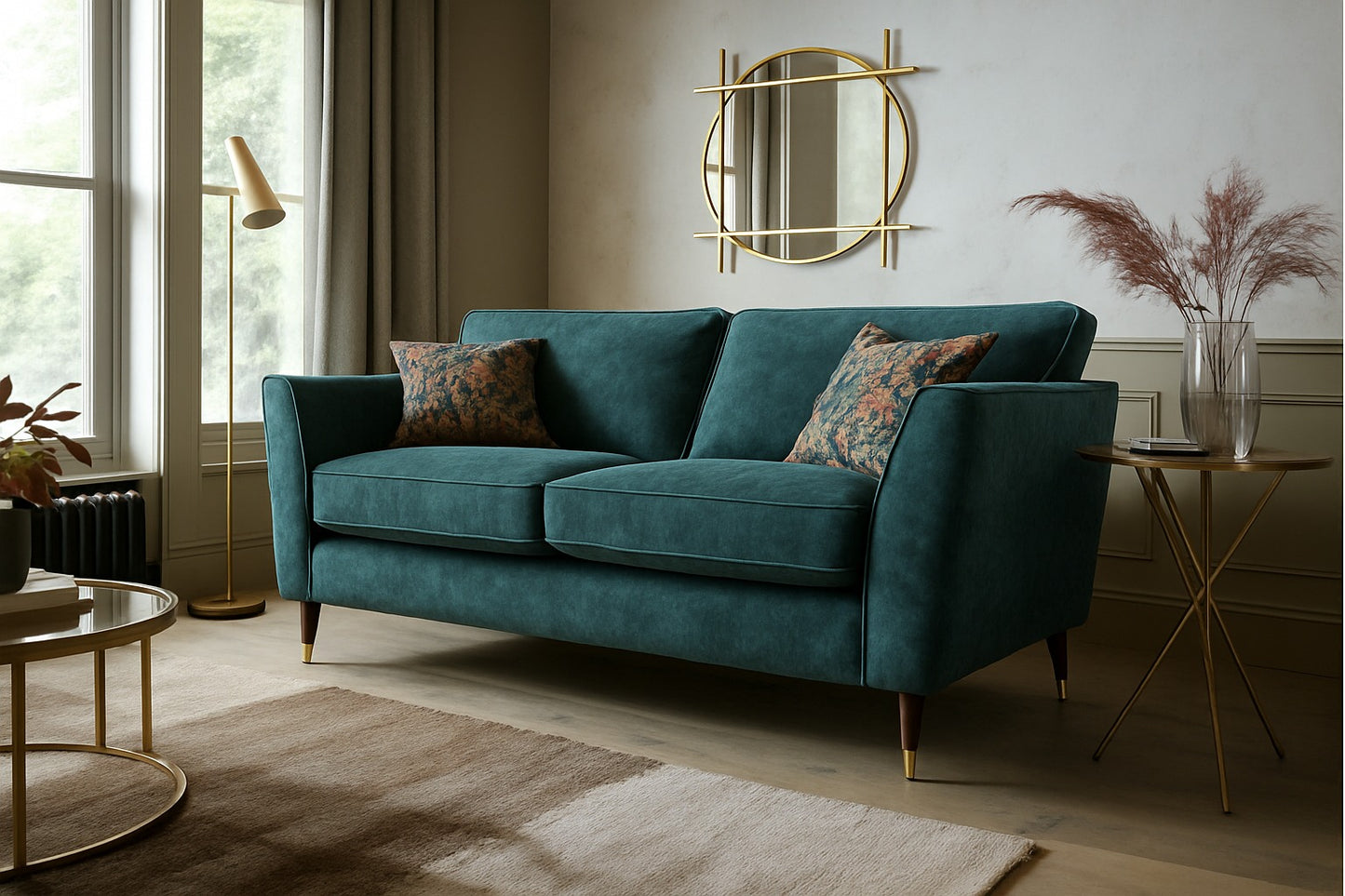Rome Plush Dove Olive Green Fabric Sofa With Round Wooden Castor Bottom Legs For Elderly