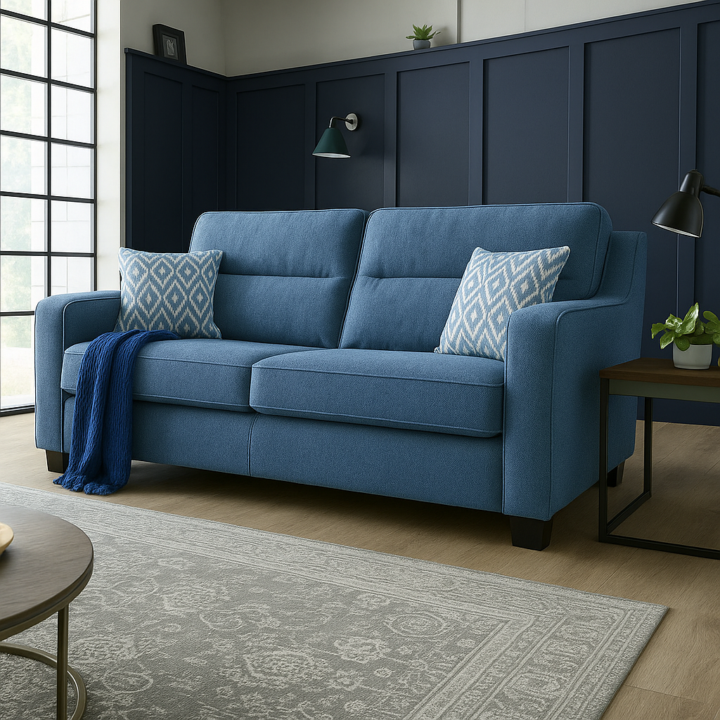 Milan Modern Elegance 4 Seater Garda Petrol Blue Fabric Sofa With Cushions