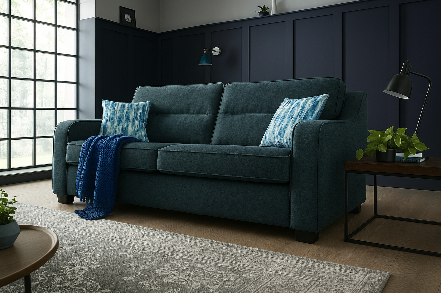 Milan Modern Elegance 4 Seater Garda Petrol Blue Fabric Sofa With Cushions