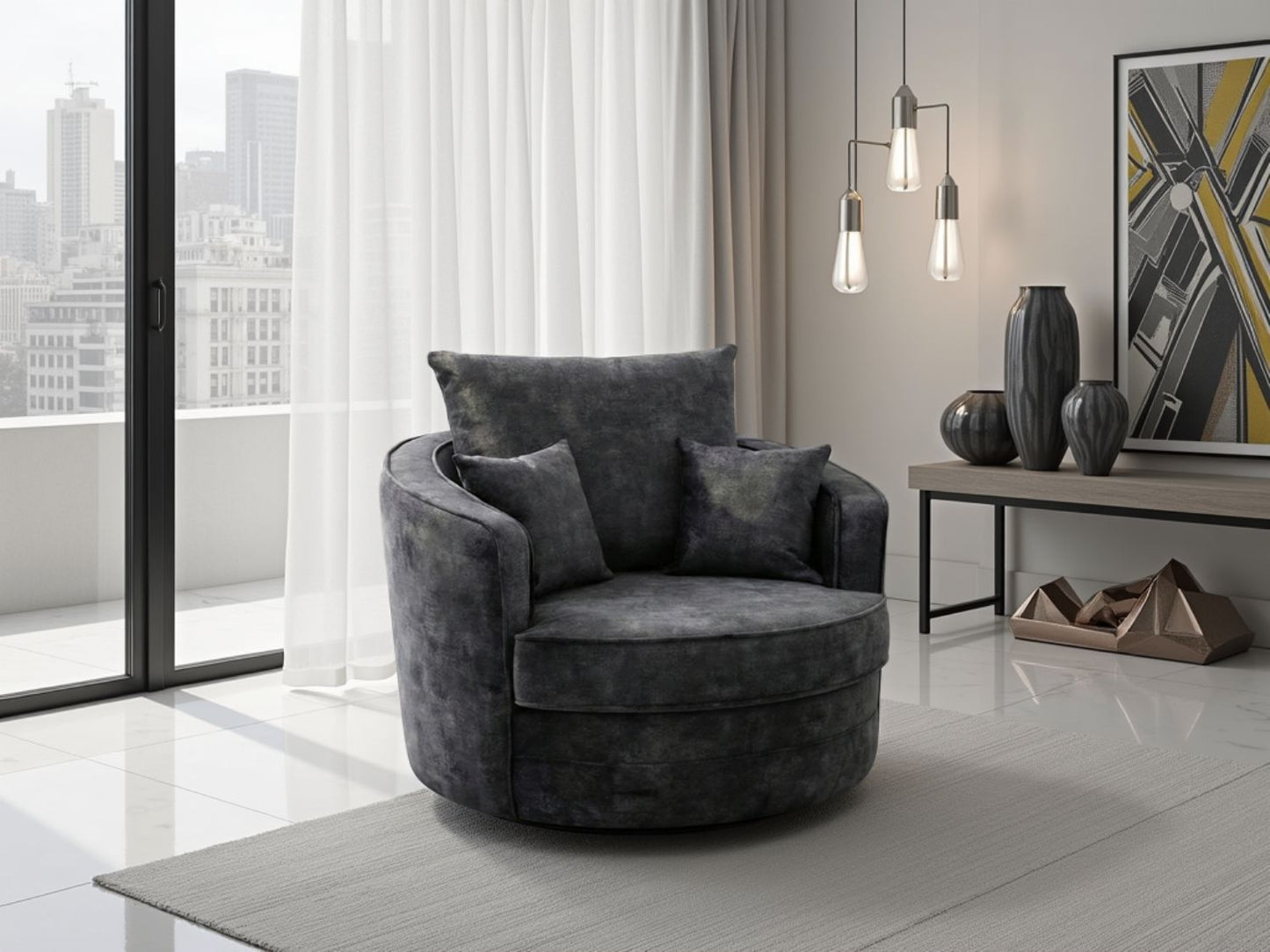 Black Fabric Round Swivel Pillow Back Chair with Cushion