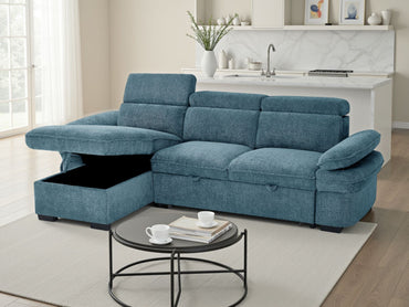Blue Textured Fabric Corner Chaise Sofa Bed Adjustable Arms