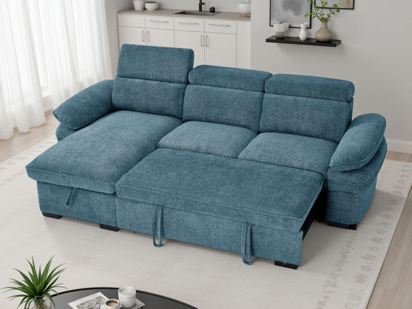 Blue Textured Fabric Corner Chaise Sofa Bed Adjustable Arms