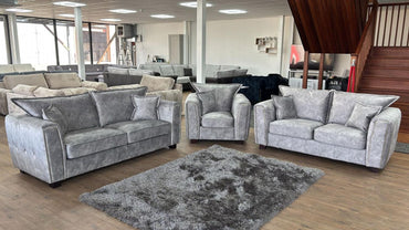Silver Grey Velvet Effect Fabric 3 Seater High Back Sofa