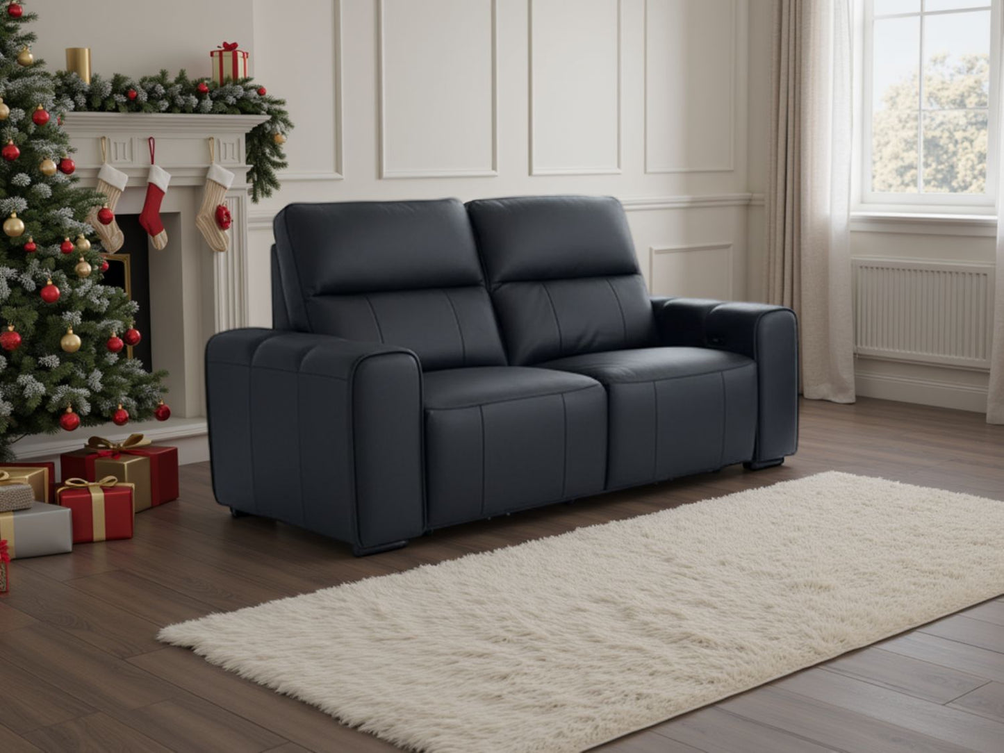 Black Leather 2 Seater Electric Recliner Sofa with Headrest