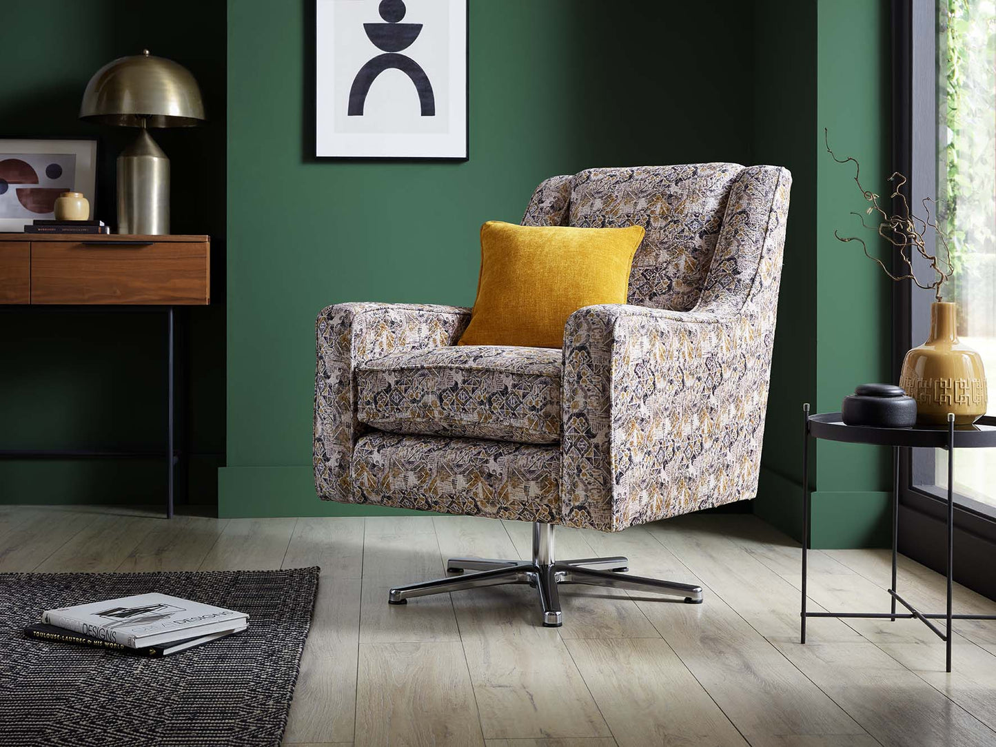 Rome Handmade Swivel Chair For Elderly in Accent Patterned Fabric With Swivel Base