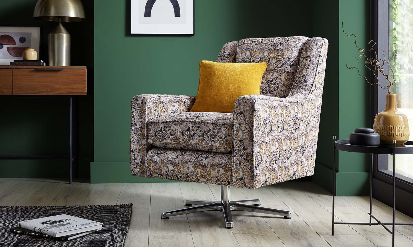 Rome Handmade Swivel Chair For Elderly in Accent Patterned Fabric With Swivel Base