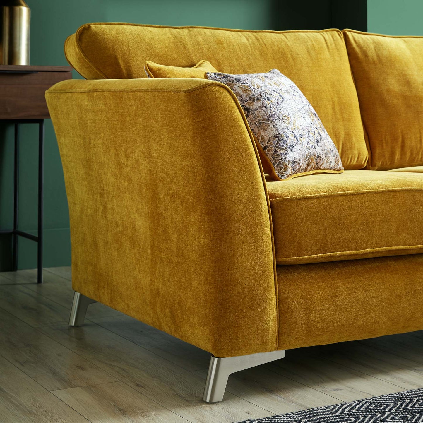 Rome Chaise L Shape Corner Sofa For Elderly In Aston Mustard Yellow Fabric With Metal Angled Feet