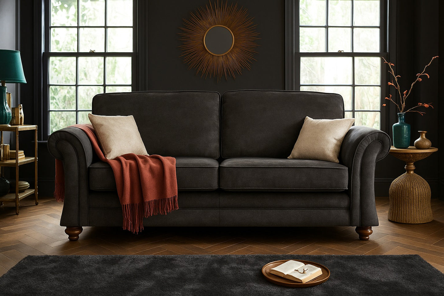 Genoa Handmade Sofas In Milano Emerald Green Fabric With Turned Wooden Legs