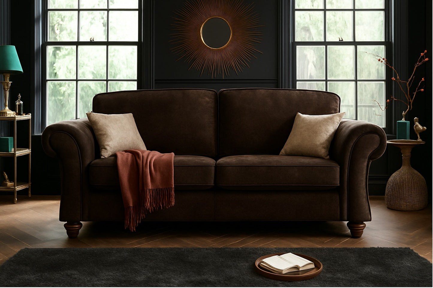 Genoa Handmade Sofas In Milano Emerald Green Fabric With Turned Wooden Legs