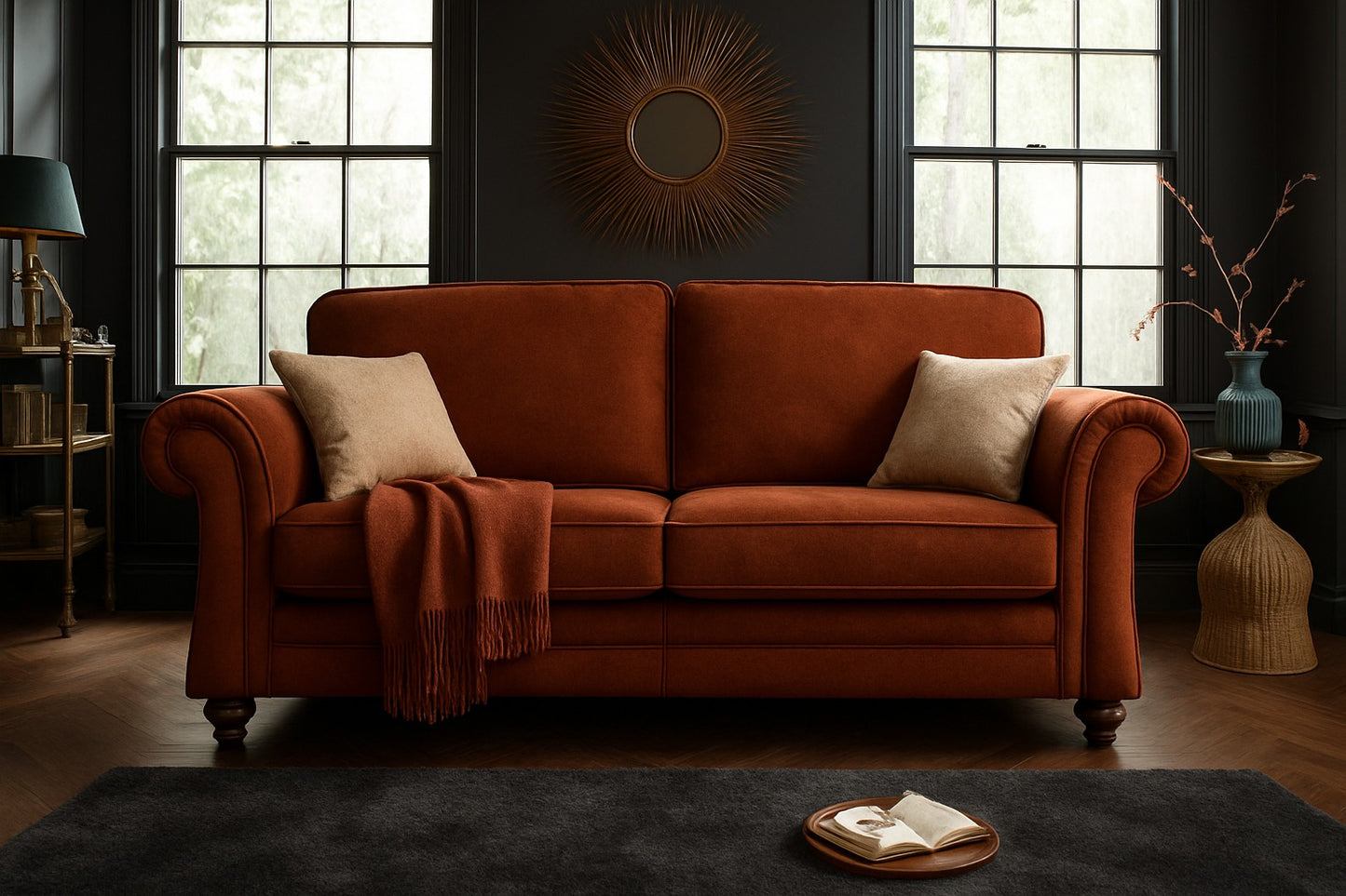 Genoa Handmade Sofas In Milano Emerald Green Fabric With Turned Wooden Legs