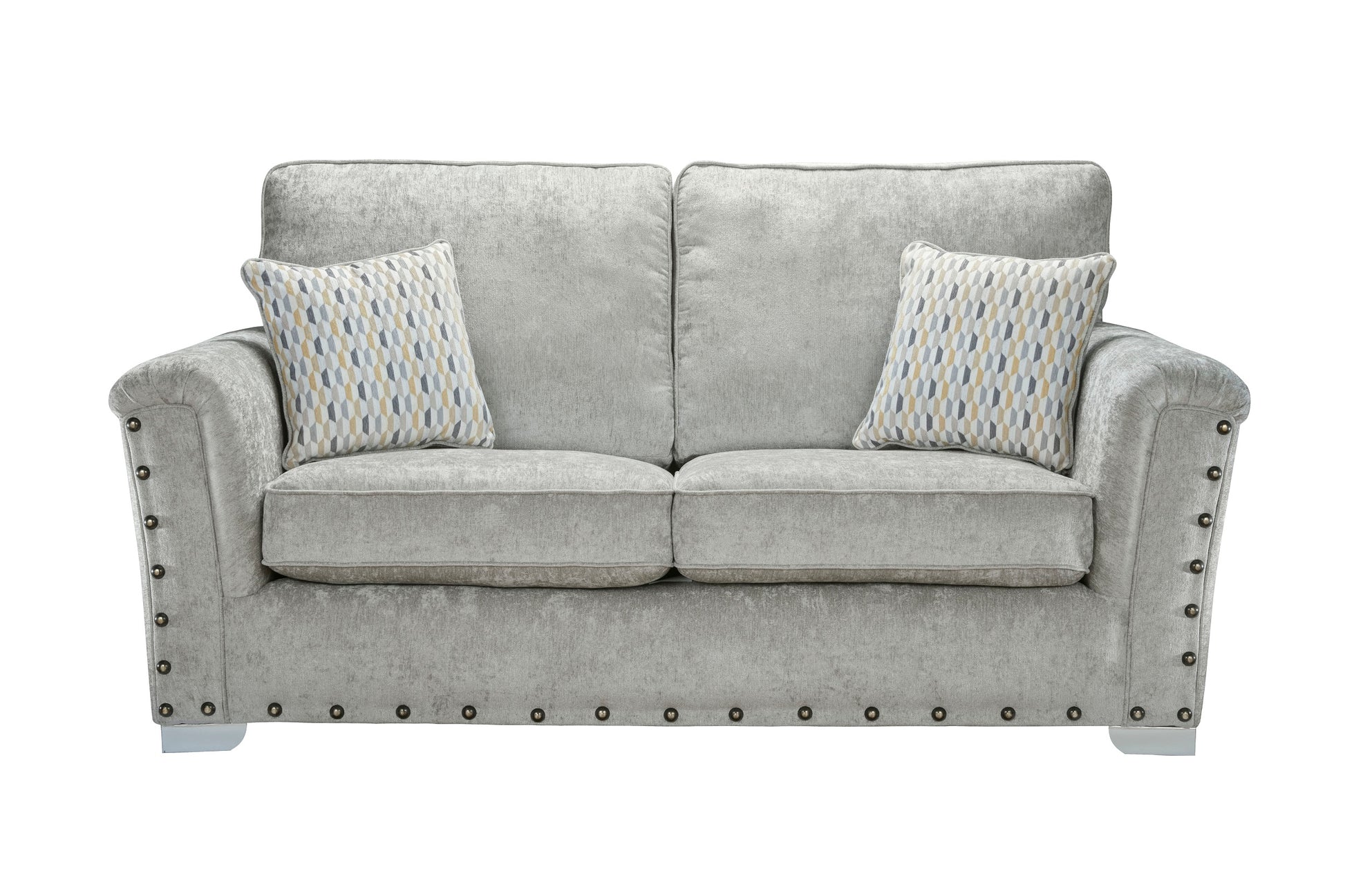 Nebraska Bespoke Grey Fabric Studded With Chrome Feet Sofa