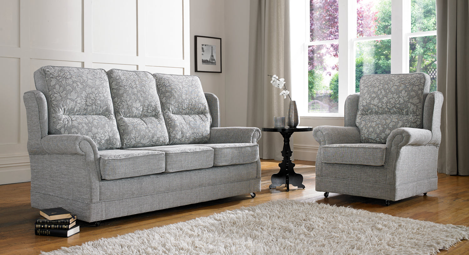 Savana Handcrafted Grey Floral Design Genuine Fabric Sofas