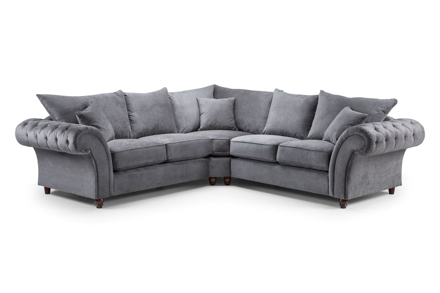 Grey Fabric Large Fullback Corner Sofa Buttoned Scroll Arms