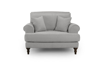 Grey Fabric Scrolled Armed Armchair Turned Wooden Legs
