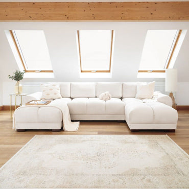 Cream Chenille Fabric Upholstered U Shape Corner Sofa Bed