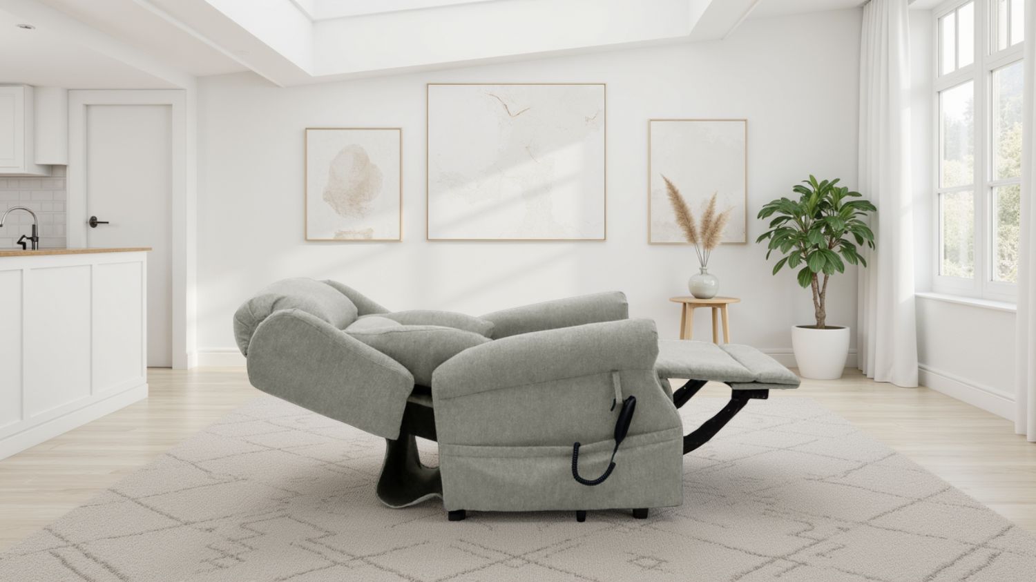 Beige recliner in a modern living room with white walls and a plant.