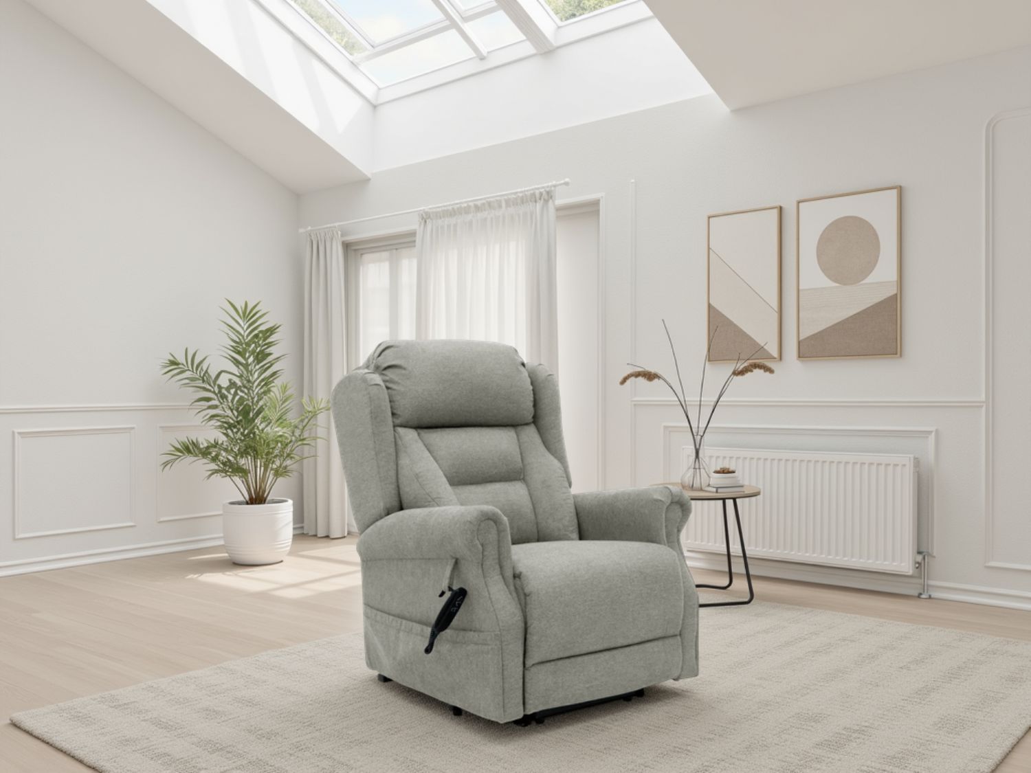 Beige recliner chair in a bright living room with plants and a skylight.