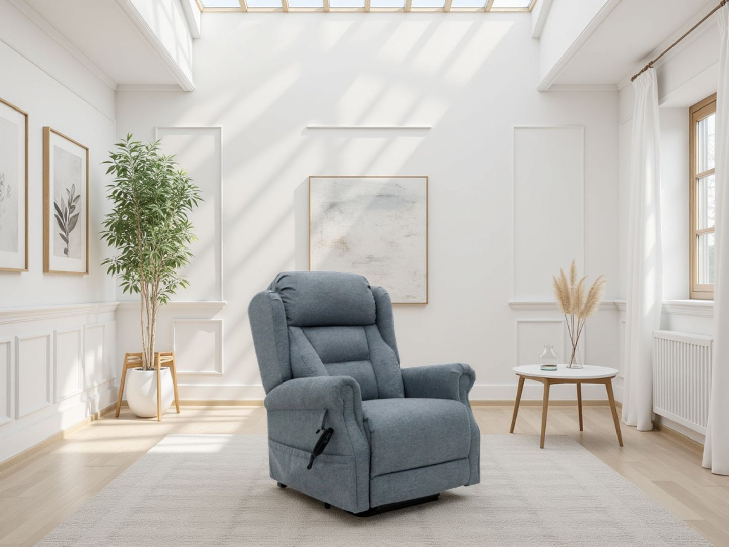Blue recliner chair in a bright living room with white walls and large windows.