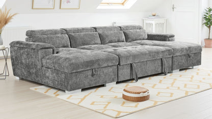 Grey Fabric Large U Shape Corner Sofa Bed