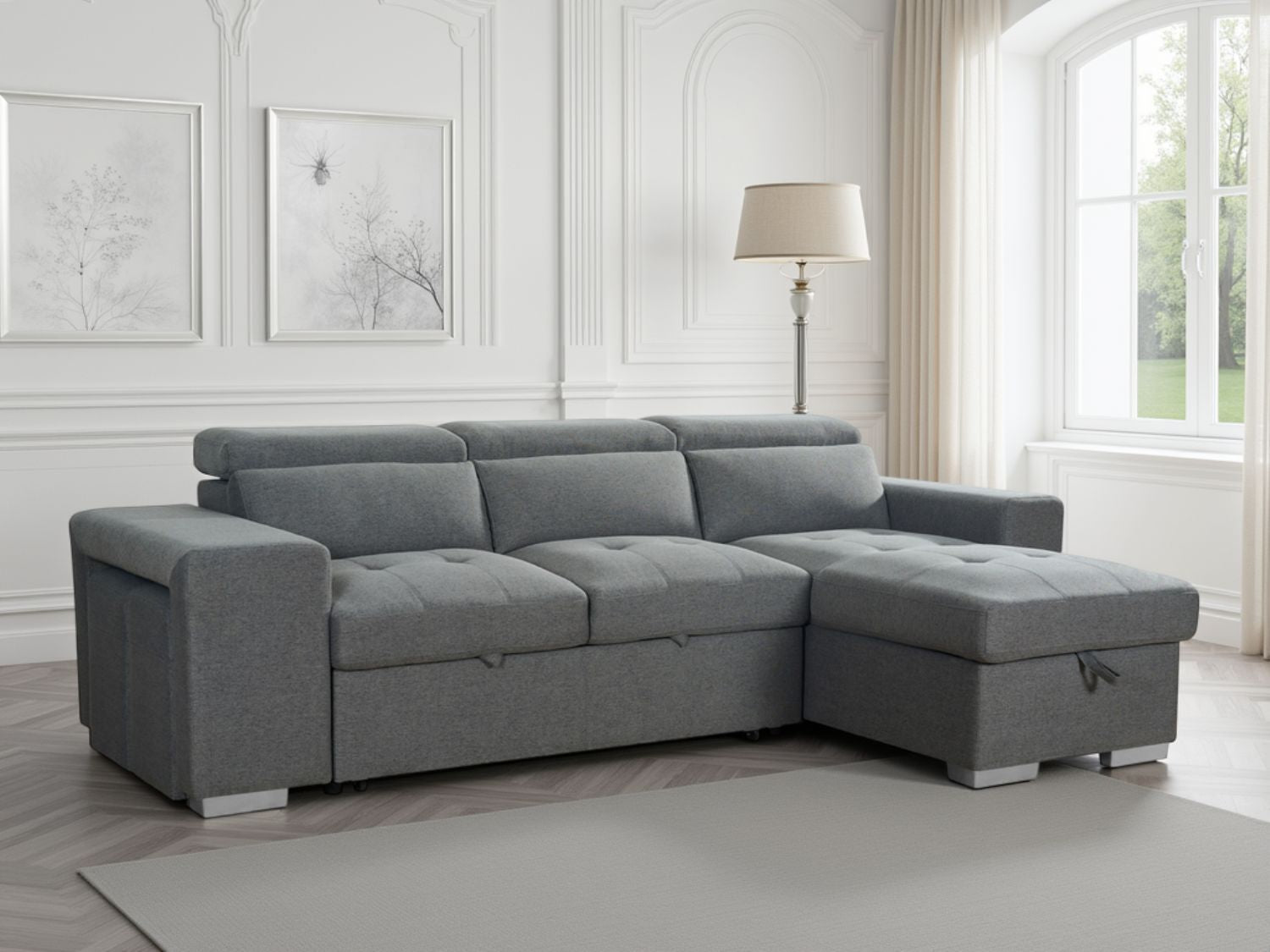 Grey Fabric Universal Corner Sofabed with Storage
