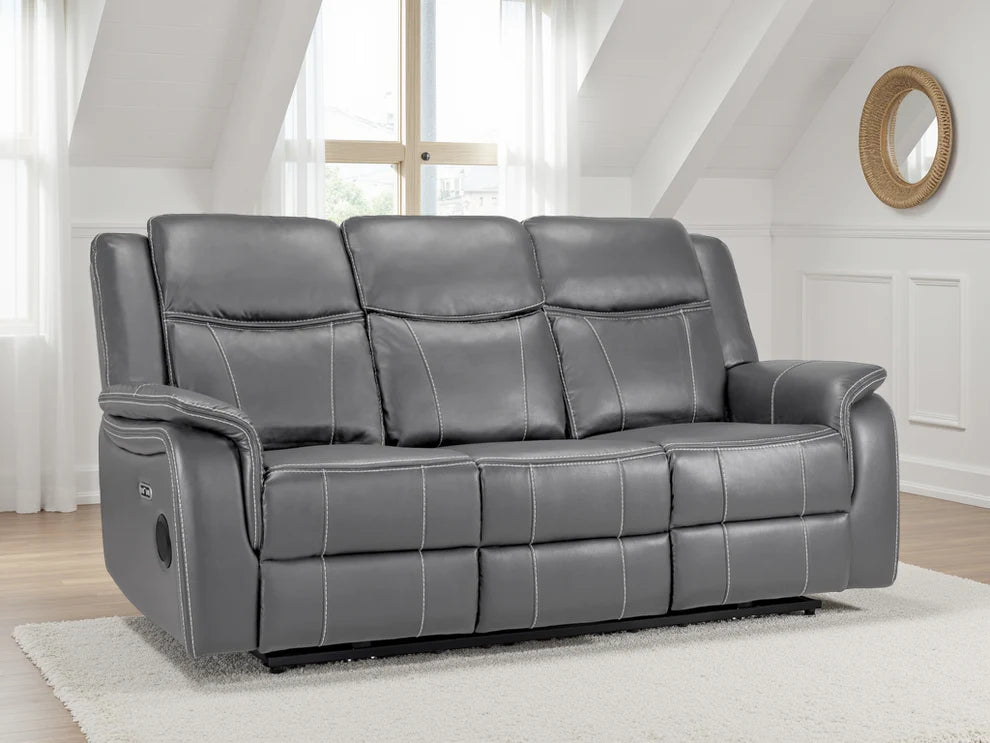 Grey Leather 3 Seater Electric Recliner Sofa