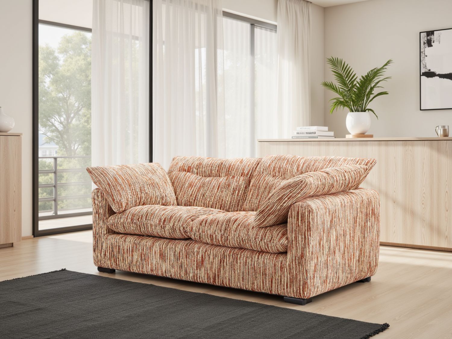 Rust and Beige Fabric 2 Seater Sofa Standard Back