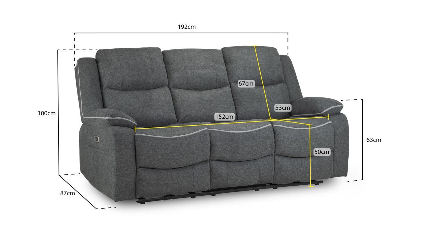 Grey Fabric 3 Seater High Back Electric Recliner Sofa