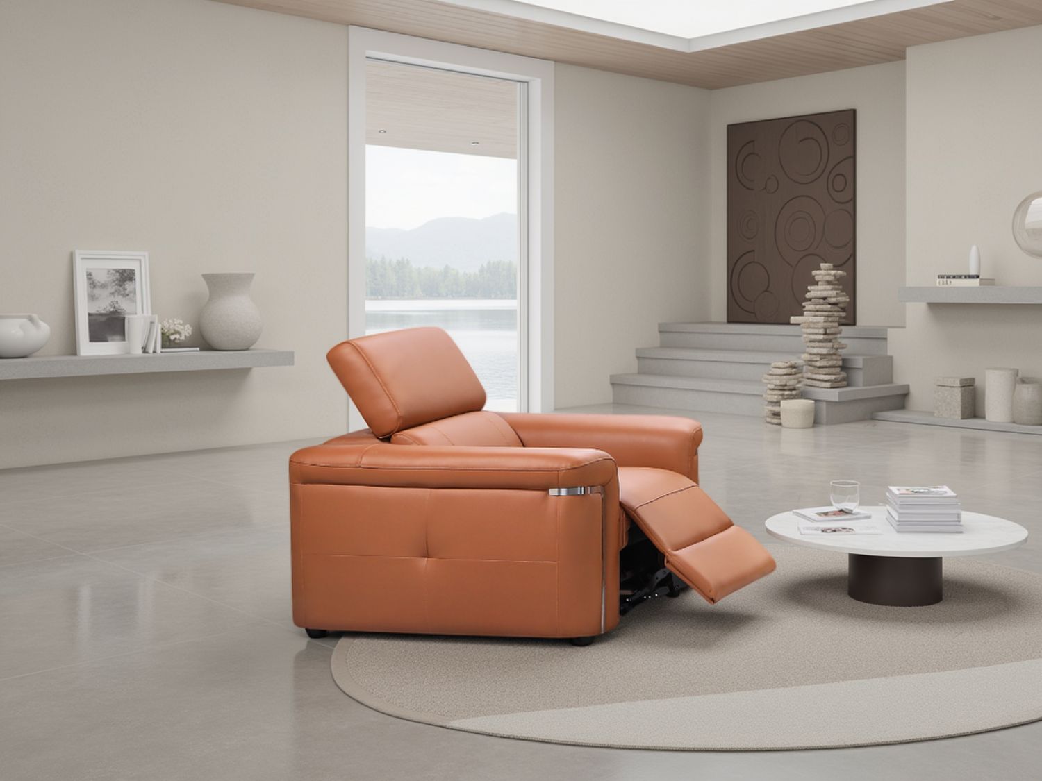 Tan Leather Electric Recliner Armchair with Headrest