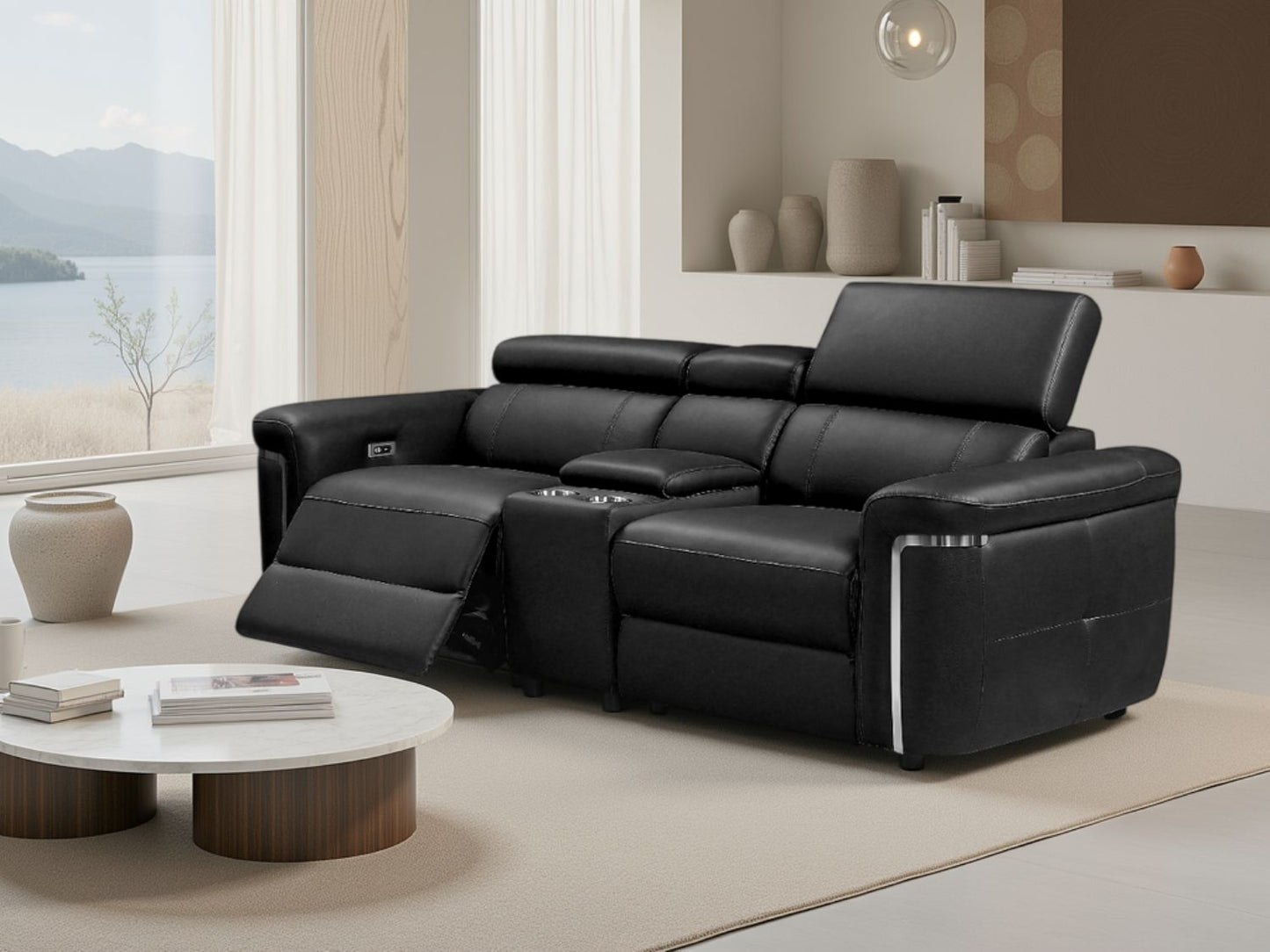Black Leather 2 Seater Electric Recliner Sofa Chrome Trimmed