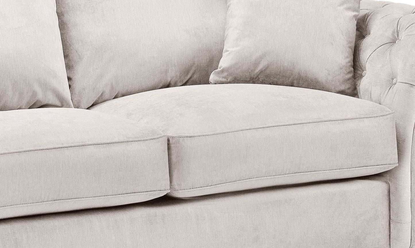 Stone Fabric Buttoned Fullback 2 Seater Sofa Scroll Arms