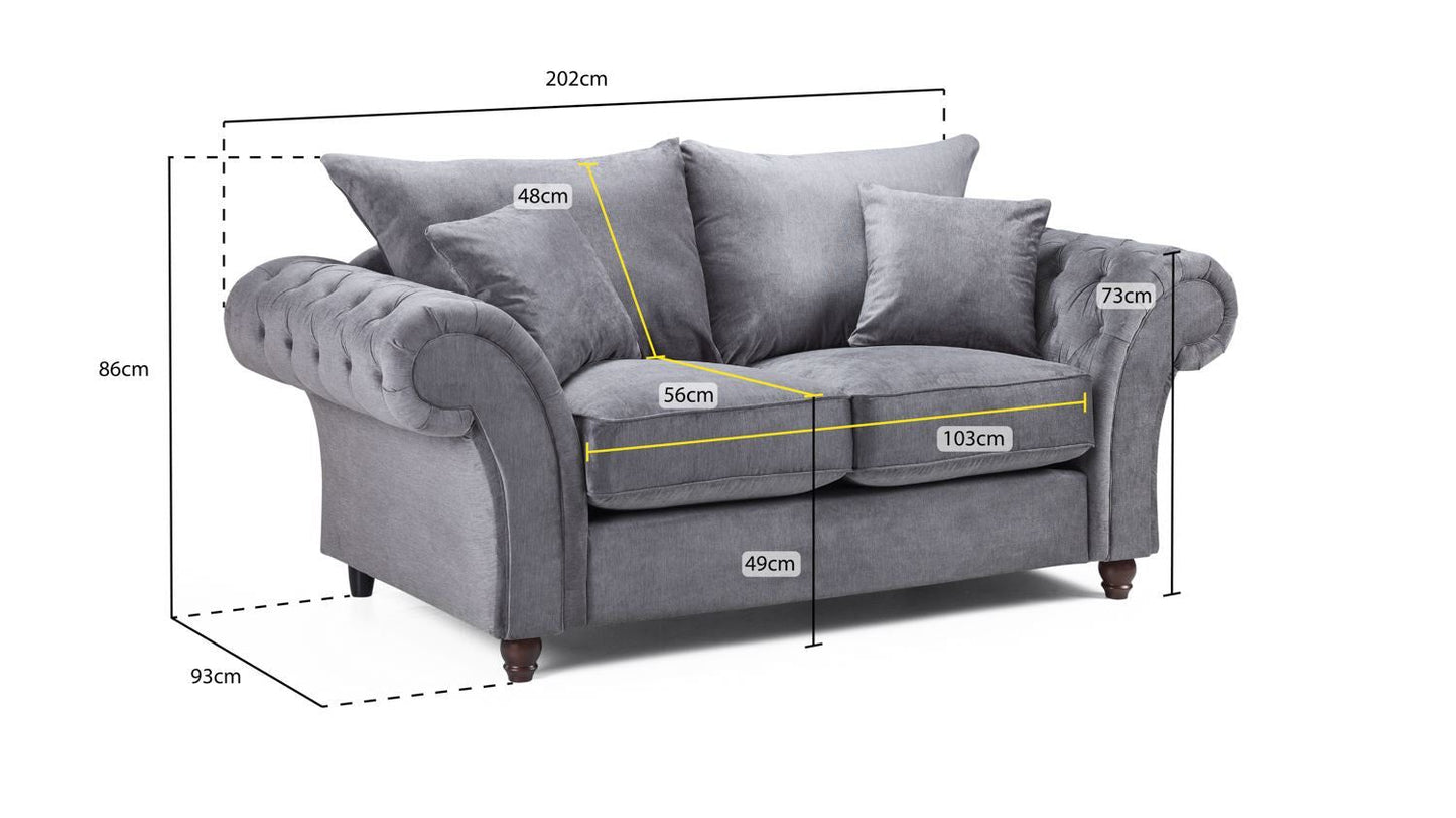 Stone Fabric Buttoned Fullback 2 Seater Sofa Scroll Arms