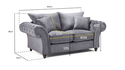 Stone Fabric Buttoned Fullback 2 Seater Sofa Scroll Arms
