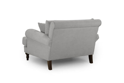Grey Fabric Scrolled Armed Armchair Turned Wooden Legs