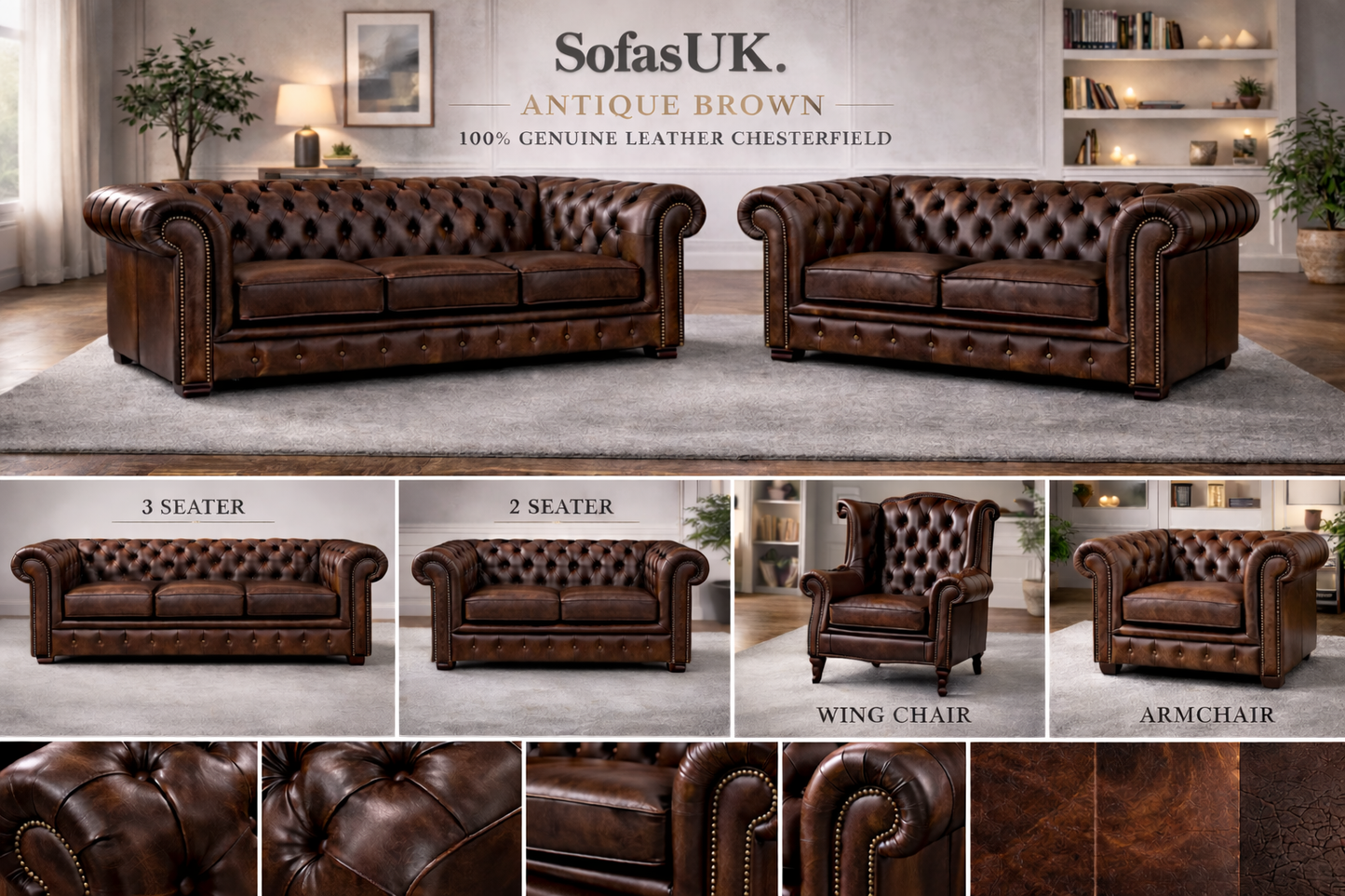 Antique Chesterfield Sofas –  Genuine Hide Leather | Exclusive to SofasUK