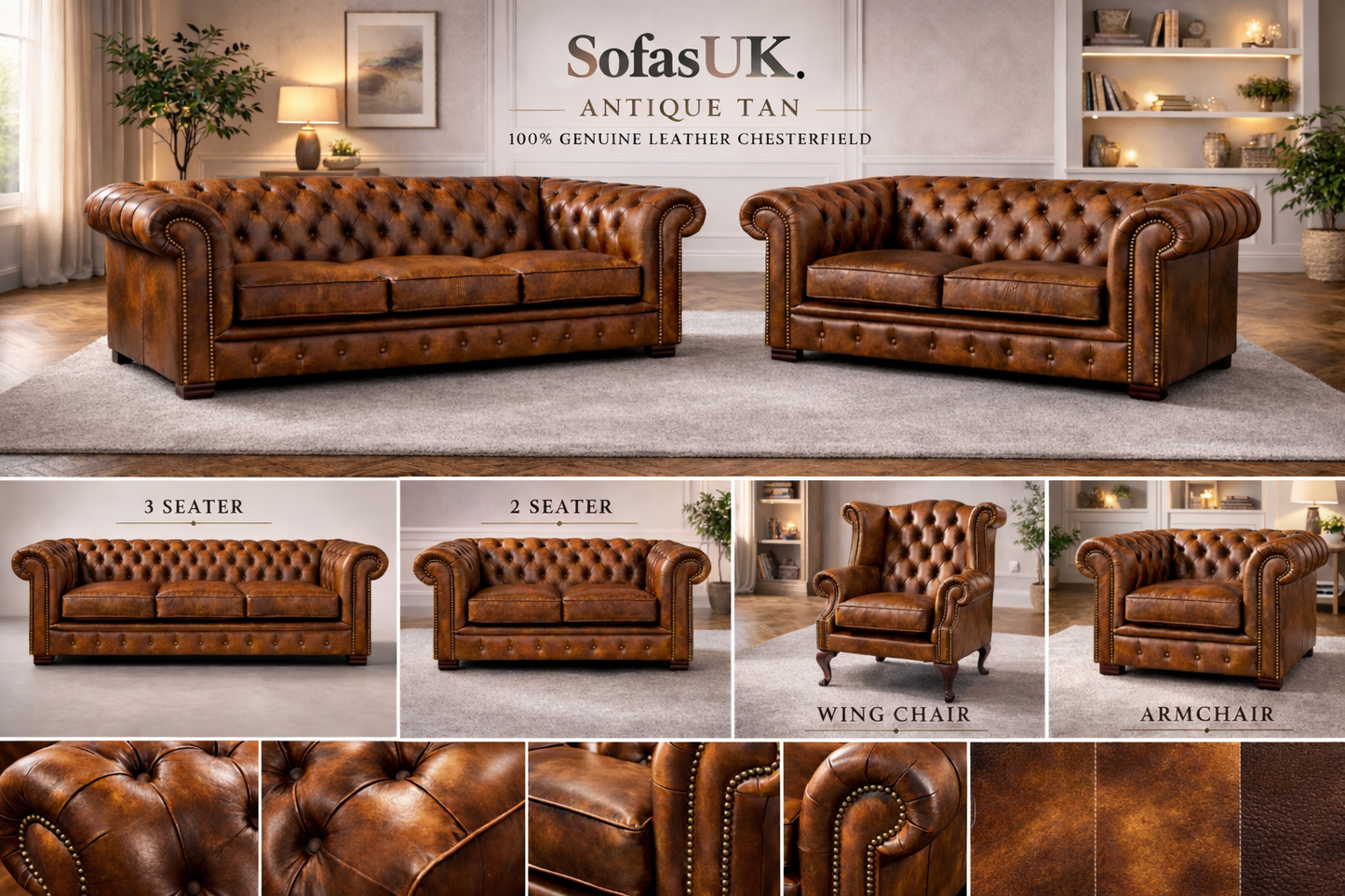 Antique Chesterfield Sofas –  Genuine Hide Leather | Exclusive to SofasUK